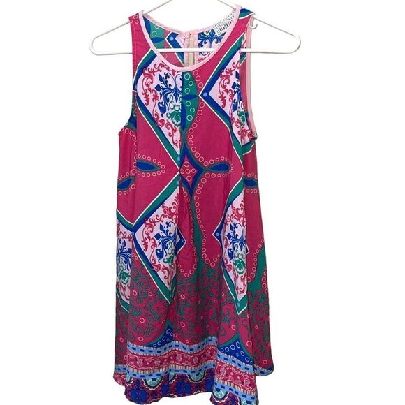 Black Bead Bright Pink, Green & Blue Patterned Sun Dress - Size Small - Picture 1 of 7